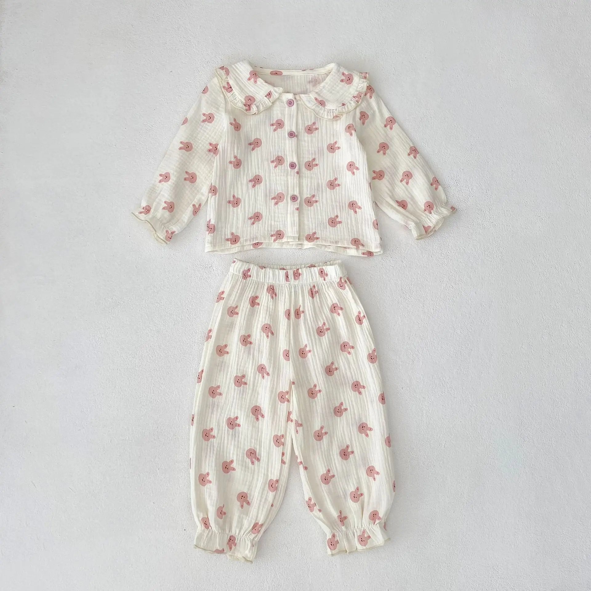 Autumn new 0-3 year old baby clothing, baby girl sleepwear doll collar top+pants cute printed two-piece set