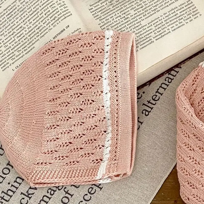 New autumn baby hat, girls aged 0-2, hollowed out contrasting color border knitted hat