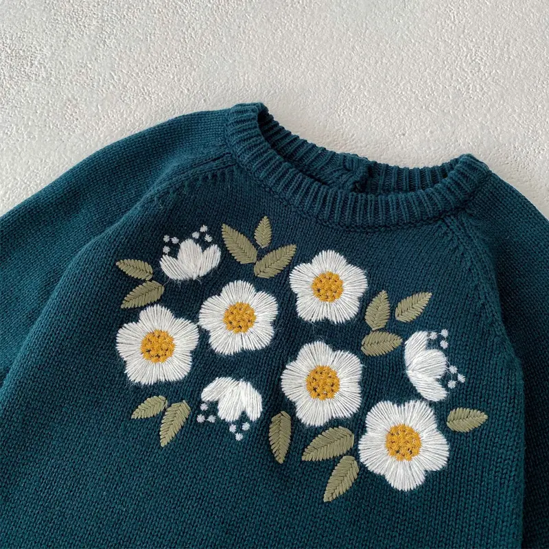 New autumn baby clothing, boys and girls aged 0-3, dark green embroidered long sleeved bun top, triangle jumpsuit, climbing suit