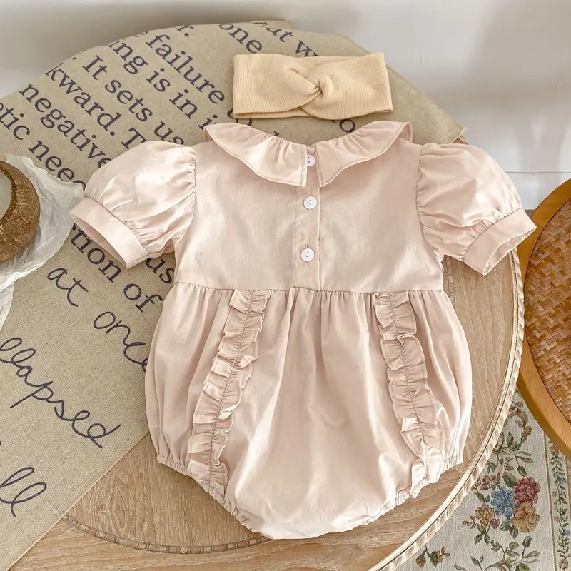 New summer baby clothing, pure cotton bubble sleeves with wooden ear edges, 0-2 year old baby girl's jumpsuit