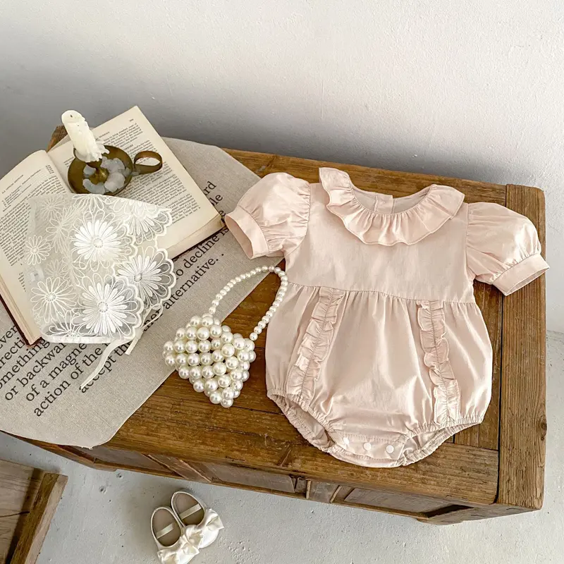 New summer baby clothing, pure cotton bubble sleeves with wooden ear edges, 0-2 year old baby girl's jumpsuit