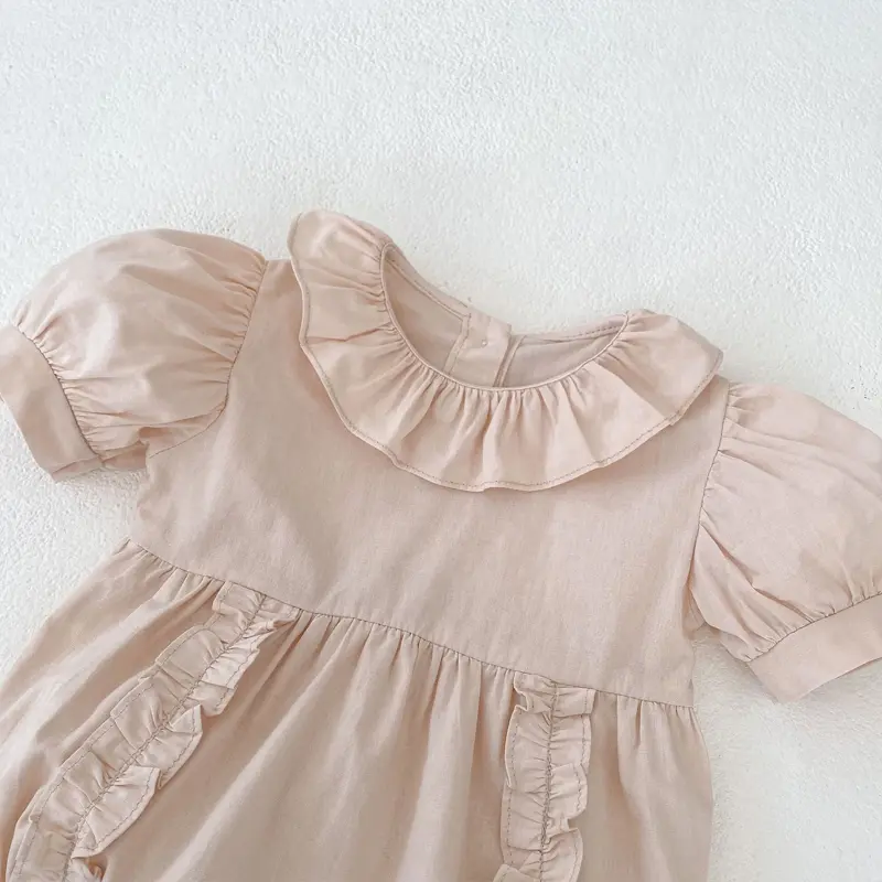 New summer baby clothing, pure cotton bubble sleeves with wooden ear edges, 0-2 year old baby girl's jumpsuit