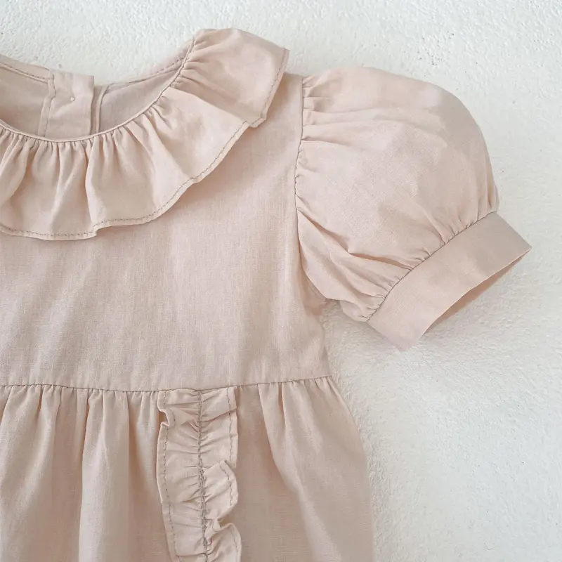 New summer baby clothing, pure cotton bubble sleeves with wooden ear edges, 0-2 year old baby girl's jumpsuit