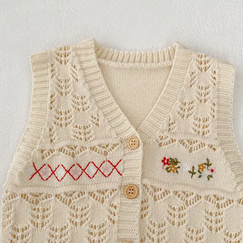 Spring and Autumn New Baby Clothing, 0-3 Year Old Female Baby, Versatile Cardigan Flower Embroidered Knitted Vest