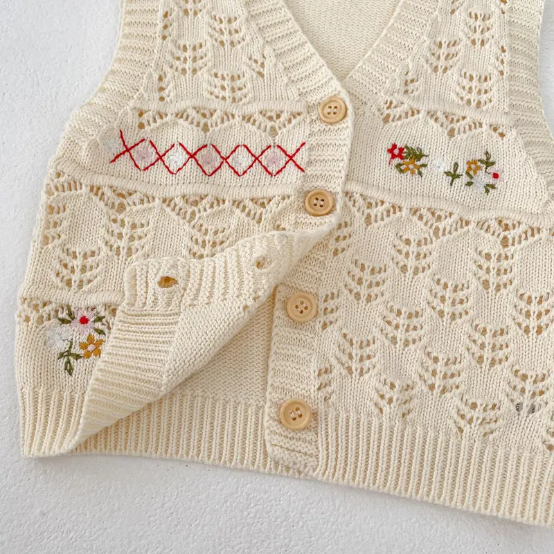 Spring and Autumn New Baby Clothing, 0-3 Year Old Female Baby, Versatile Cardigan Flower Embroidered Knitted Vest