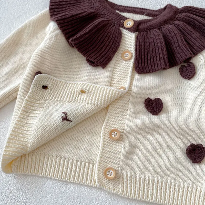 Autumn new baby clothing, 0-3 year old female baby, lotus collar handmade heart knitted long sleeved jacket