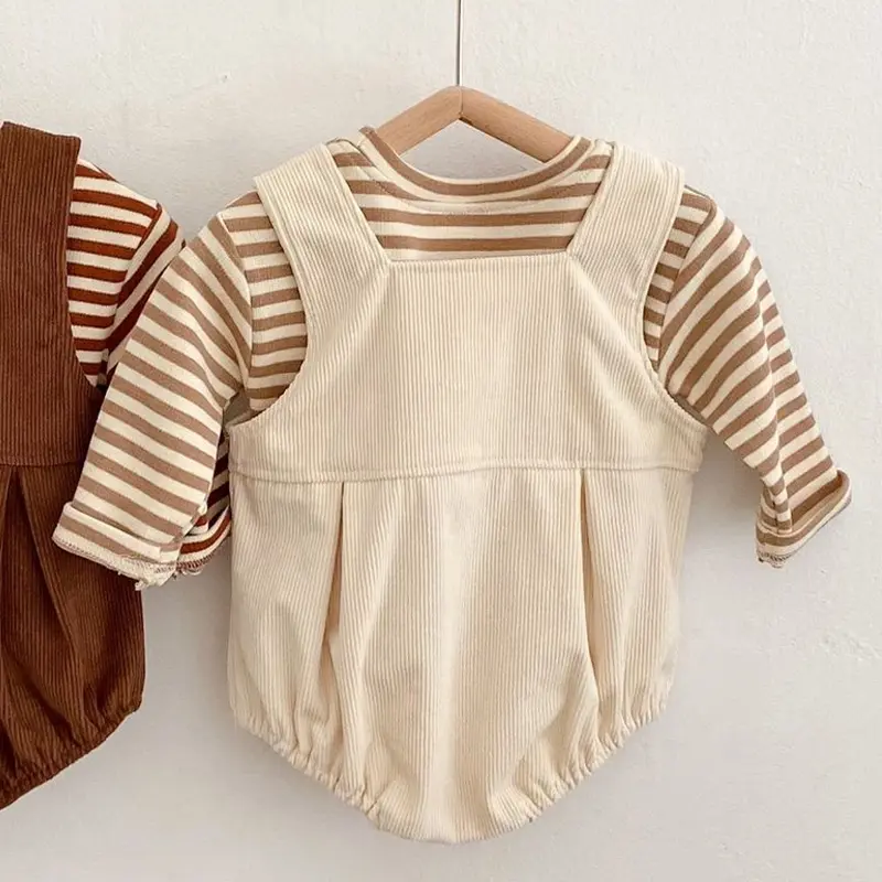 Spring style new men's and women's baby striped T-shirt+teddy bear embroidered shoulder strap sweater triangle climbing suit two