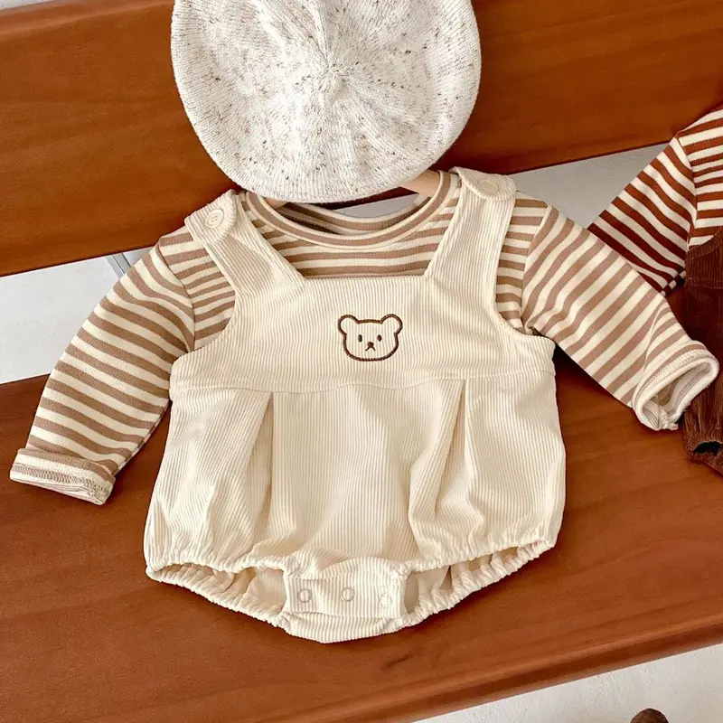 Spring style new men's and women's baby striped T-shirt+teddy bear embroidered shoulder strap sweater triangle climbing suit two