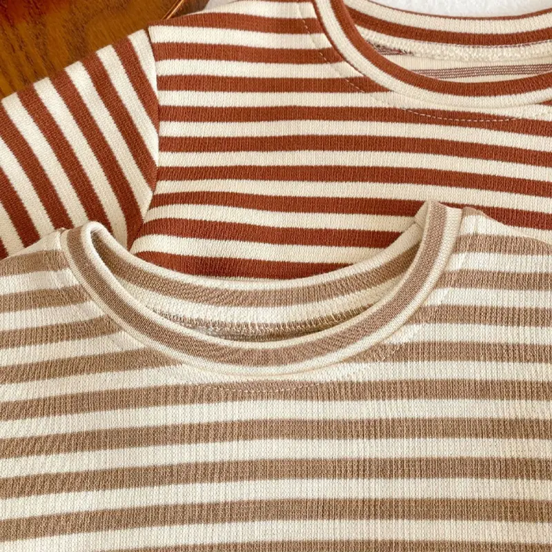 Spring style new men's and women's baby striped T-shirt+teddy bear embroidered shoulder strap sweater triangle climbing suit two
