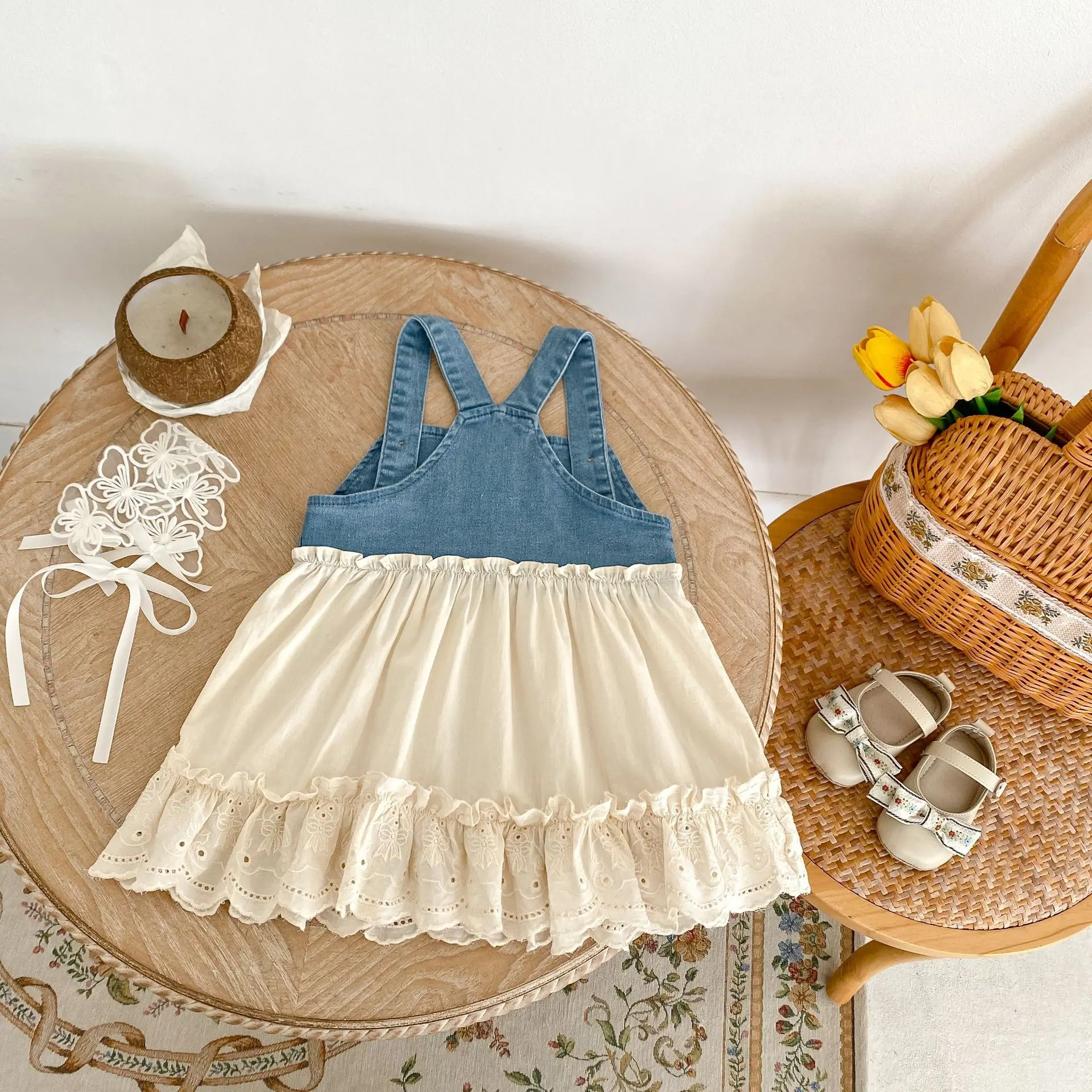 Summer new 0-3 year old baby clothing, fashionable dresses, denim camisole patchwork dresses