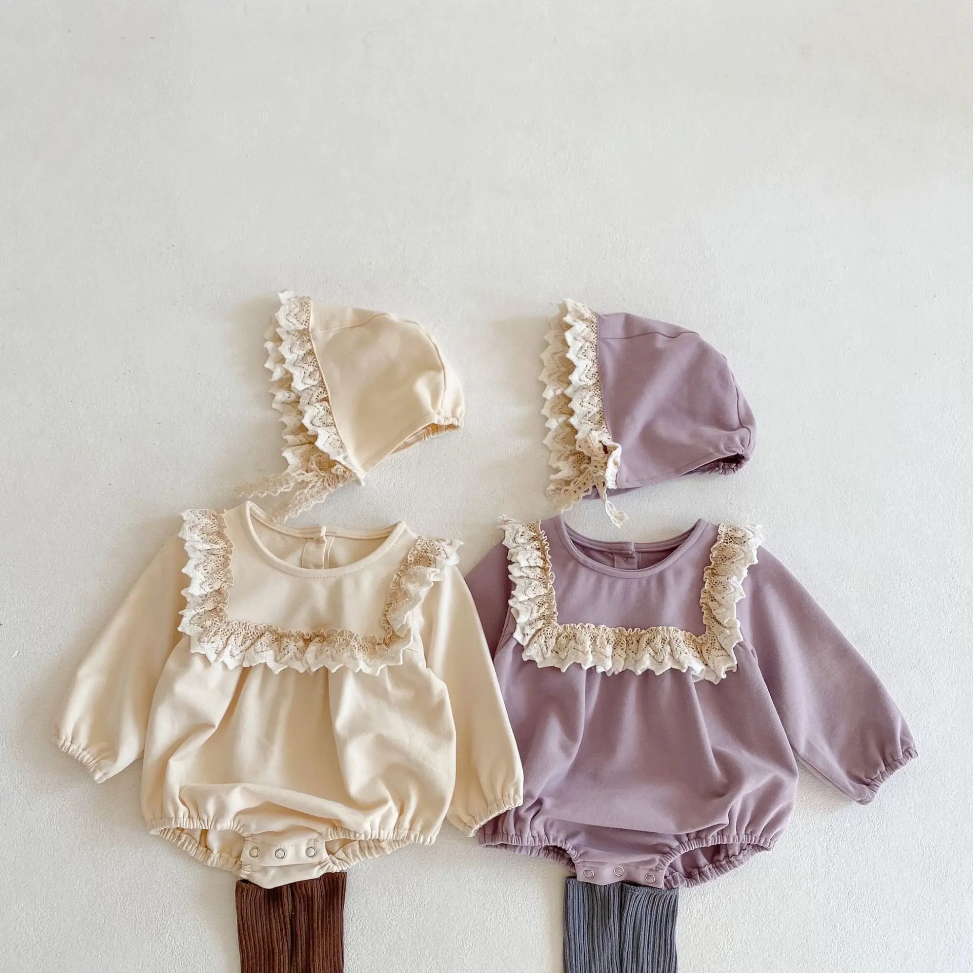 Spring and Autumn New Women's Fashion Versatile Bodysuit Baby Hundred Day Dress Lace Ruffle Edge Long sleeved Bodysuit Triangle