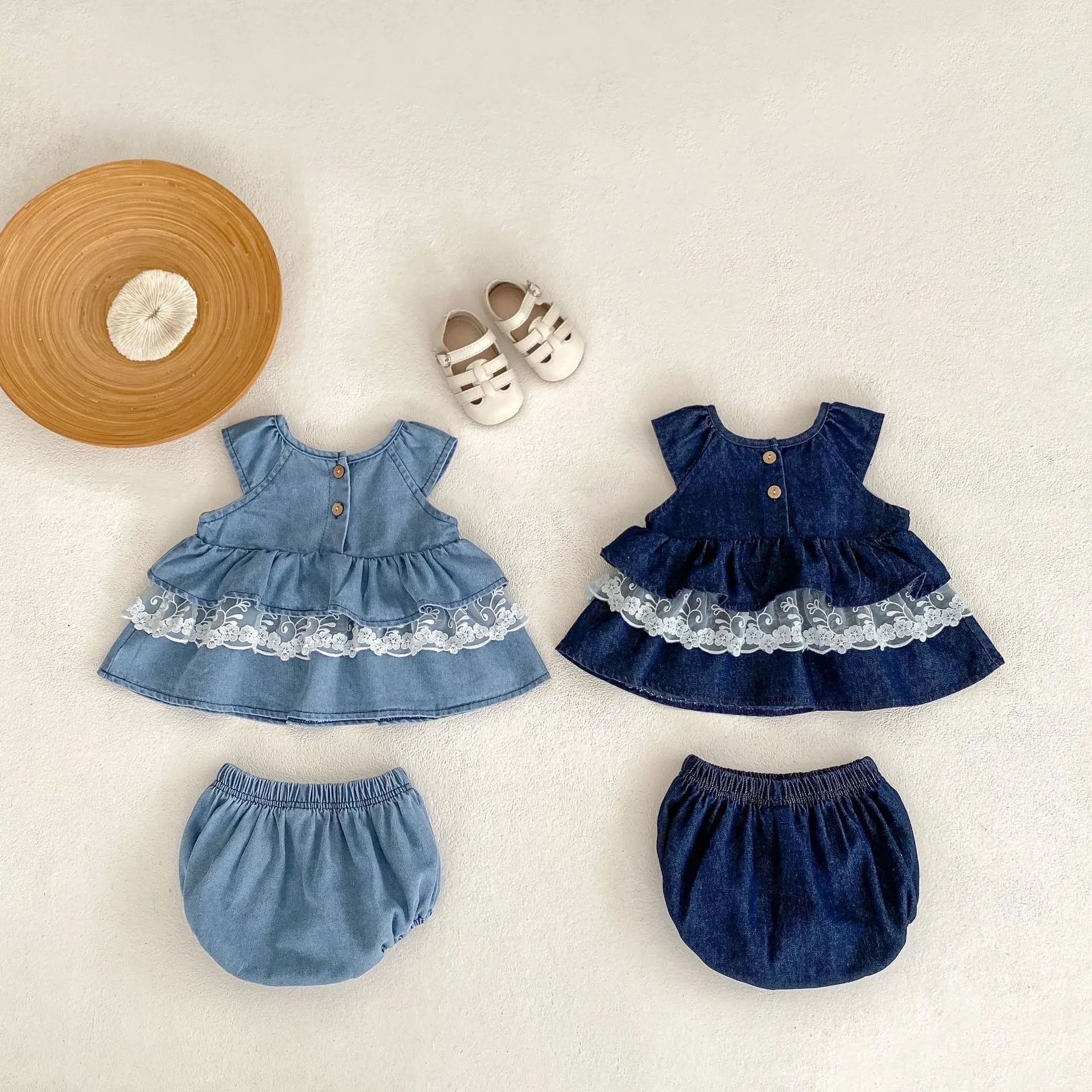 Summer new 0-3 year old baby clothing, fashionable denim set for baby girls, bow lace patchwork top+shorts