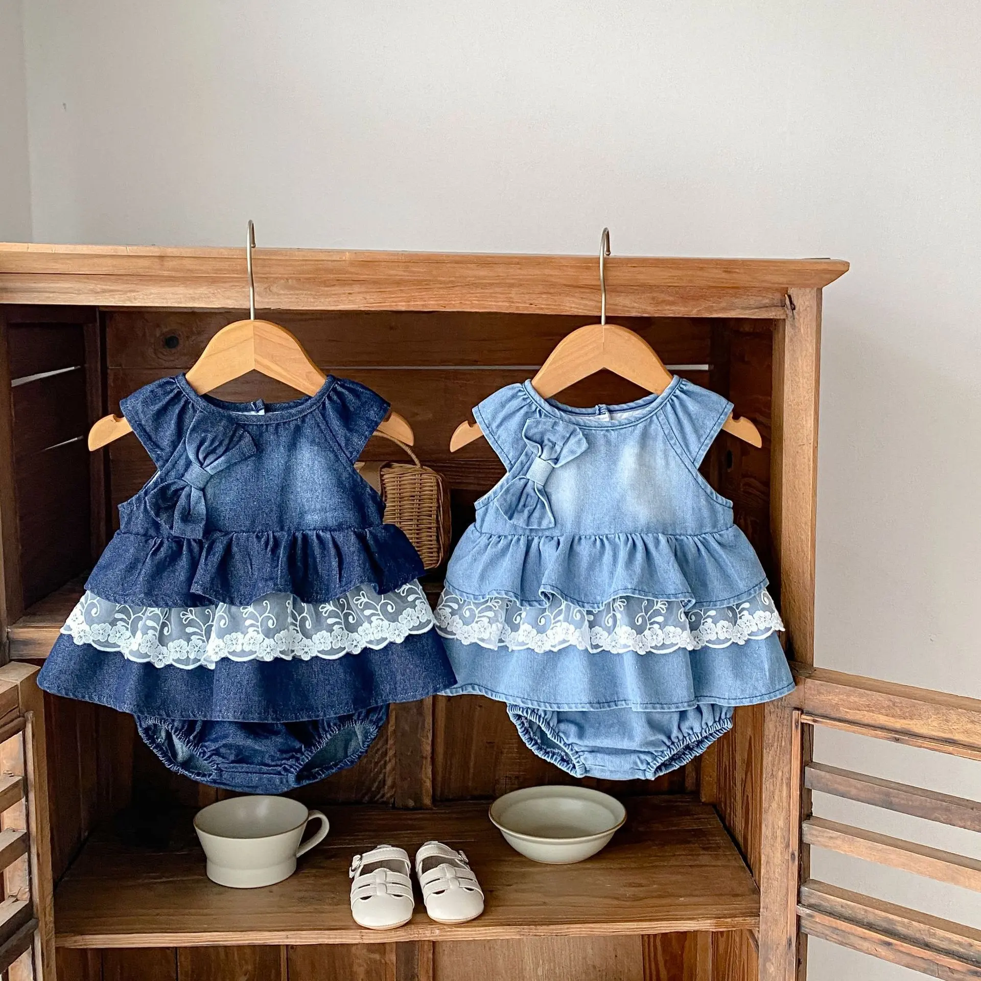 Summer new 0-3 year old baby clothing, fashionable denim set for baby girls, bow lace patchwork top+shorts