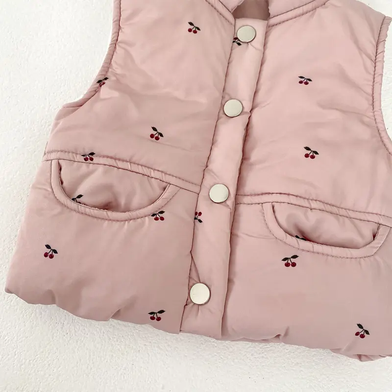 Winter new baby clothing, 0-3 year old female baby, cardigan vest with cherry print and plush thick double pocket vest