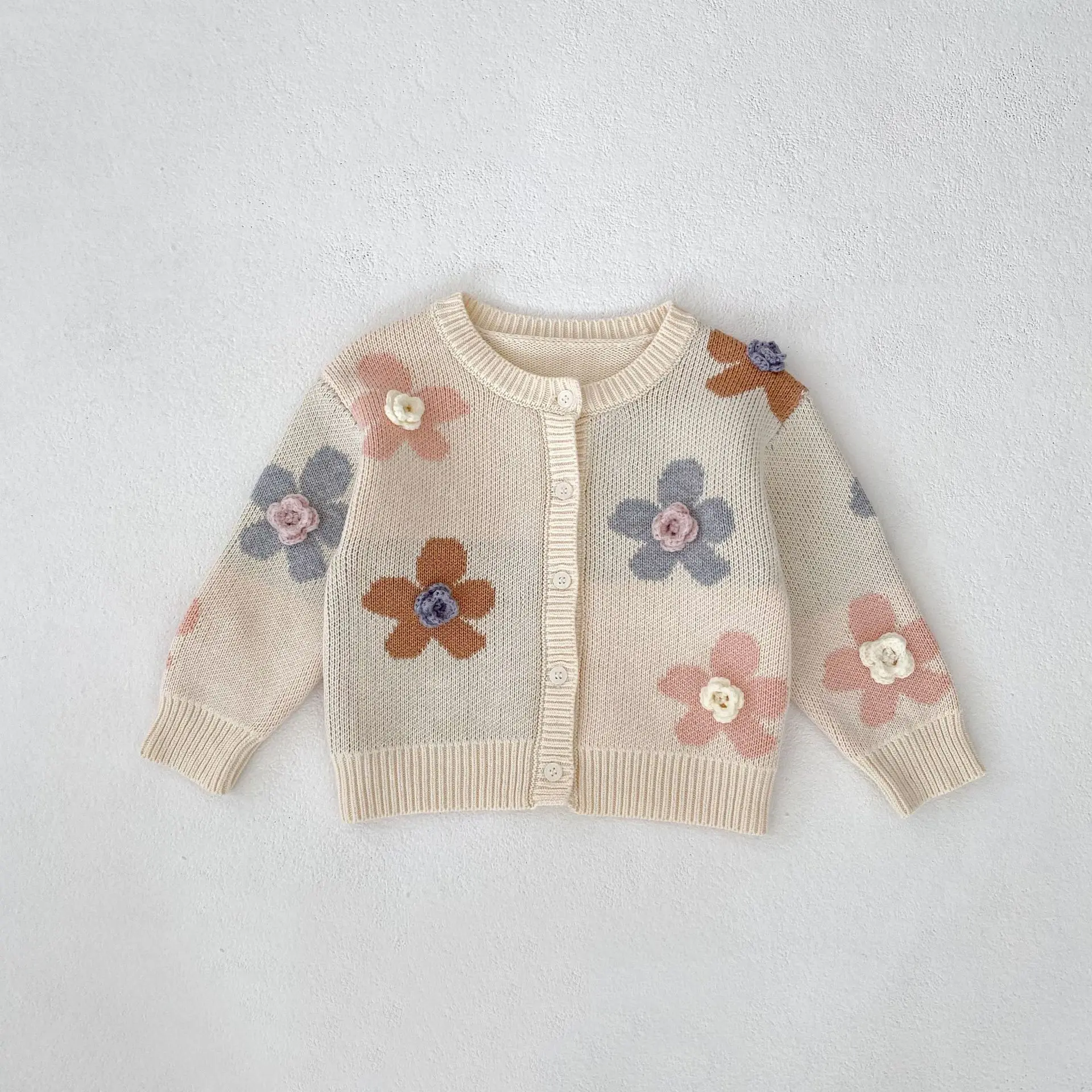 Spring and autumn new baby clothe for 0-3 years old, baby girl flower jacquard knitted coat, round collar, long-sleeved cardigan