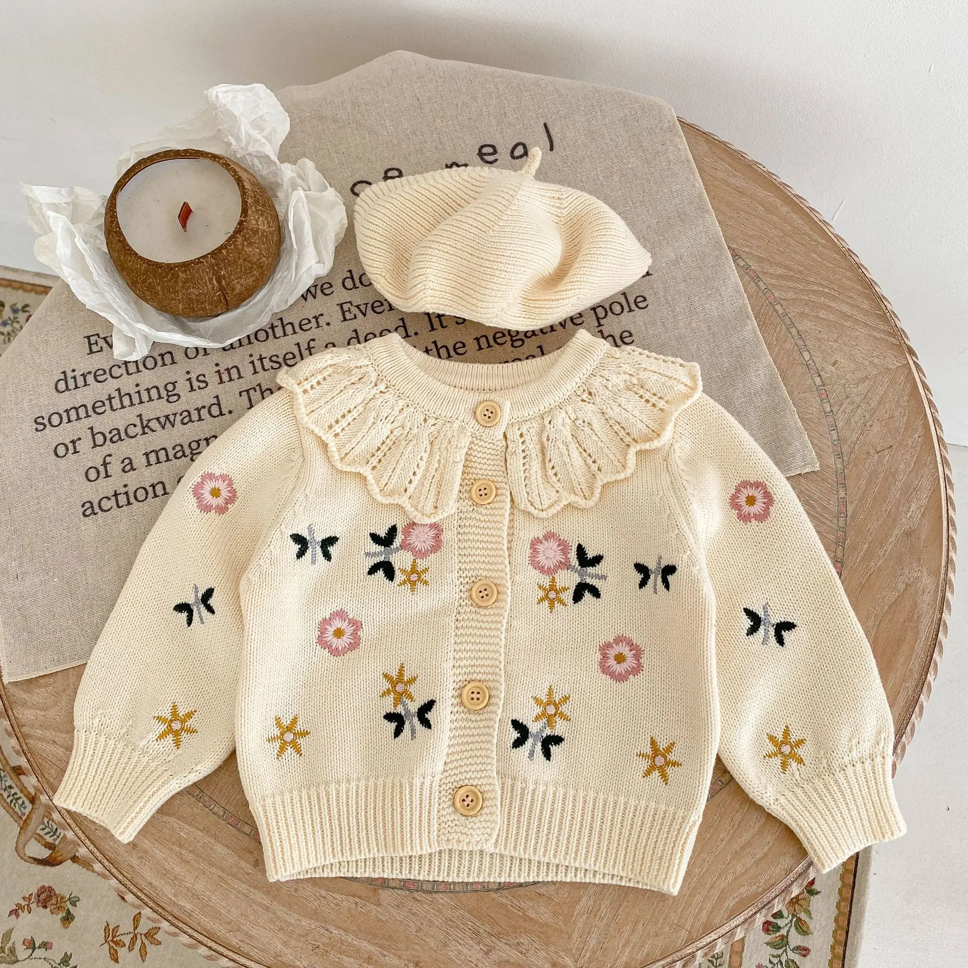 Spring and Autumn New Versatile Girl Baby Children's Flower Embroidered Lotus Leaf Collar Cardigan Knitted Pure Cotton Long slee