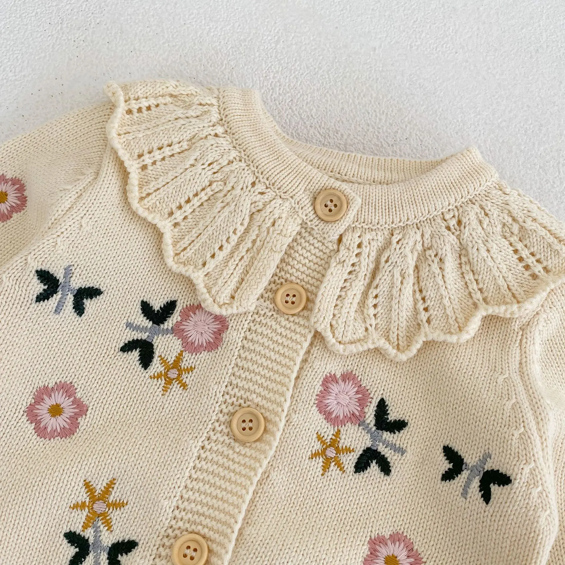Spring and Autumn New Versatile Girl Baby Children's Flower Embroidered Lotus Leaf Collar Cardigan Knitted Pure Cotton Long slee