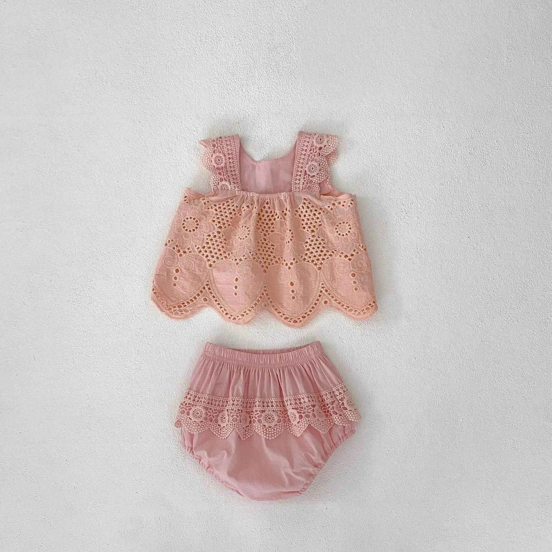 Summer New Fashionable Versatile Set Clothing for Infants and Girls, Round Neck Sleeveless Lace Spliced Sleeveless Top+Clear Col