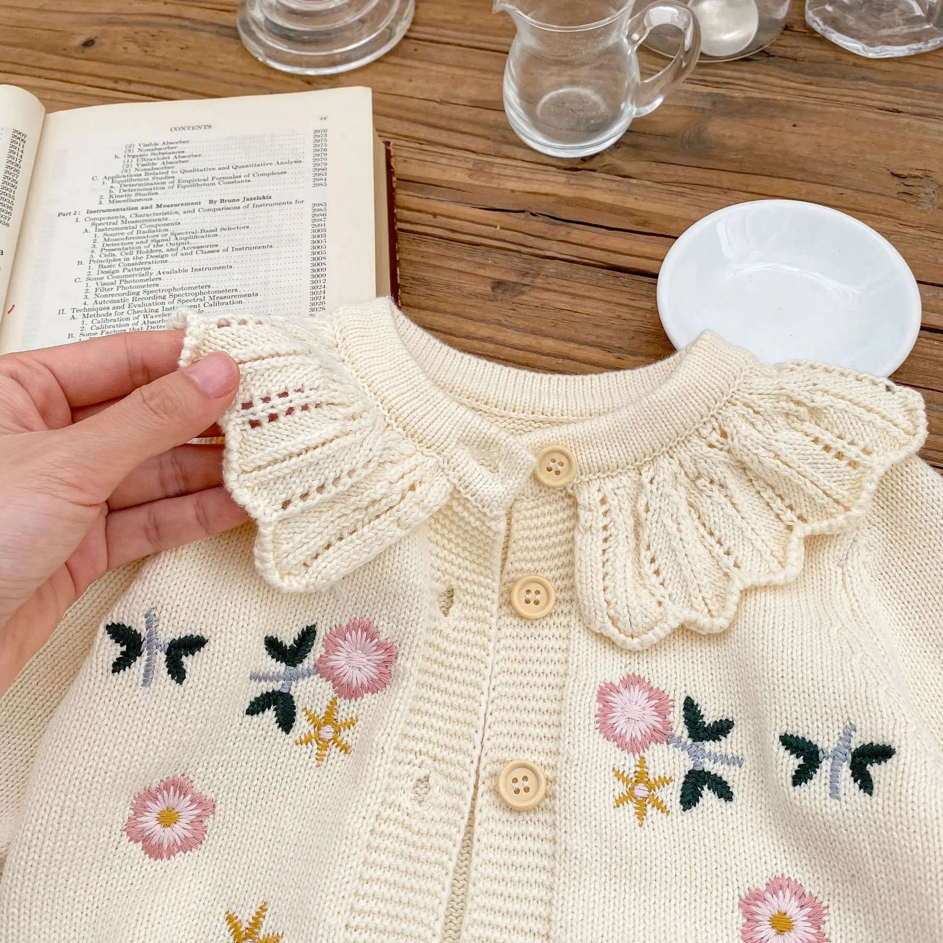 Spring and Autumn New Versatile Girl Baby Children's Flower Embroidered Lotus Leaf Collar Cardigan Knitted Pure Cotton Long slee