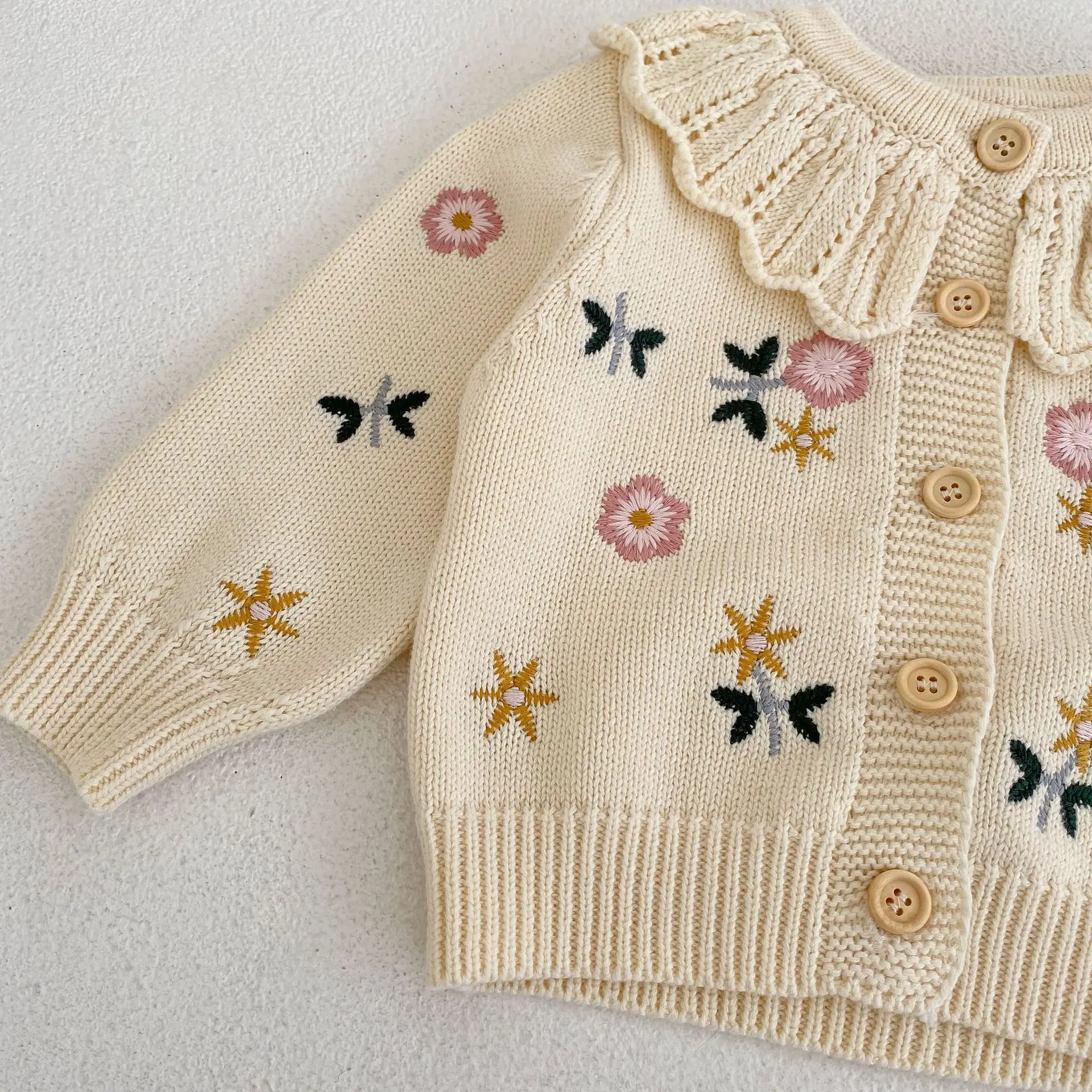 Spring and Autumn New Versatile Girl Baby Children's Flower Embroidered Lotus Leaf Collar Cardigan Knitted Pure Cotton Long slee