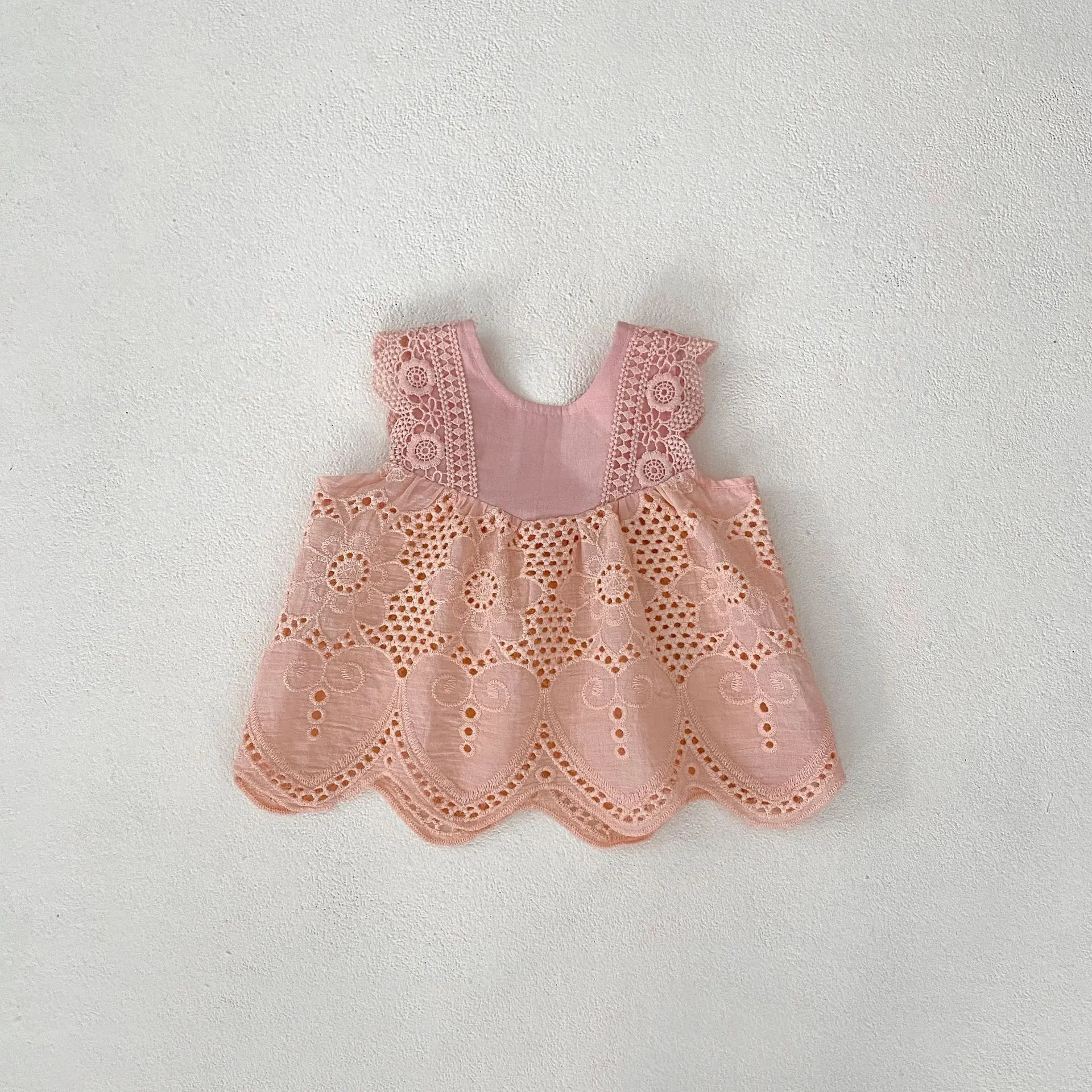 Summer New Fashionable Versatile Set Clothing for Infants and Girls, Round Neck Sleeveless Lace Spliced Sleeveless Top+Clear Col