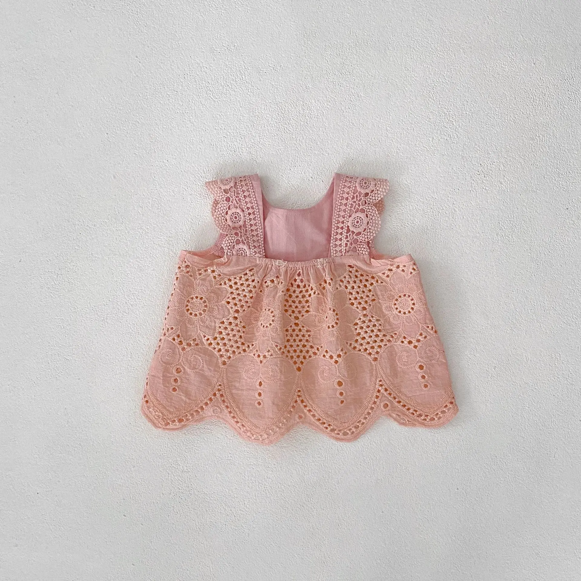 Summer New Fashionable Versatile Set Clothing for Infants and Girls, Round Neck Sleeveless Lace Spliced Sleeveless Top+Clear Col