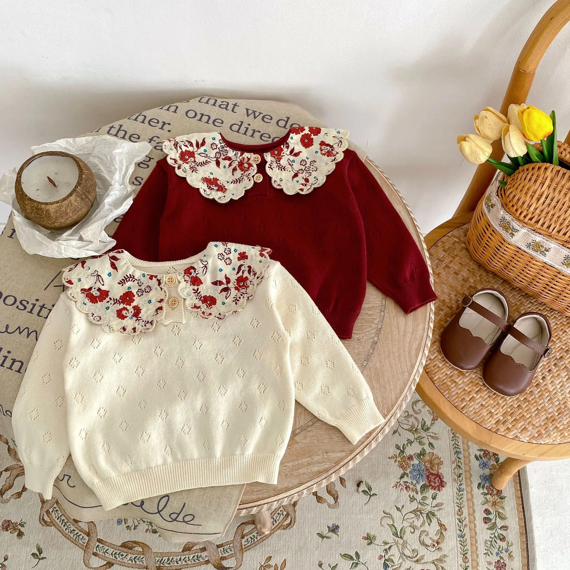 Spring and Autumn New 0-3 Year Old Baby Clothing, Exquisite Girl Baby Big Lace Collar Knitted Long Sleeve Sweater
