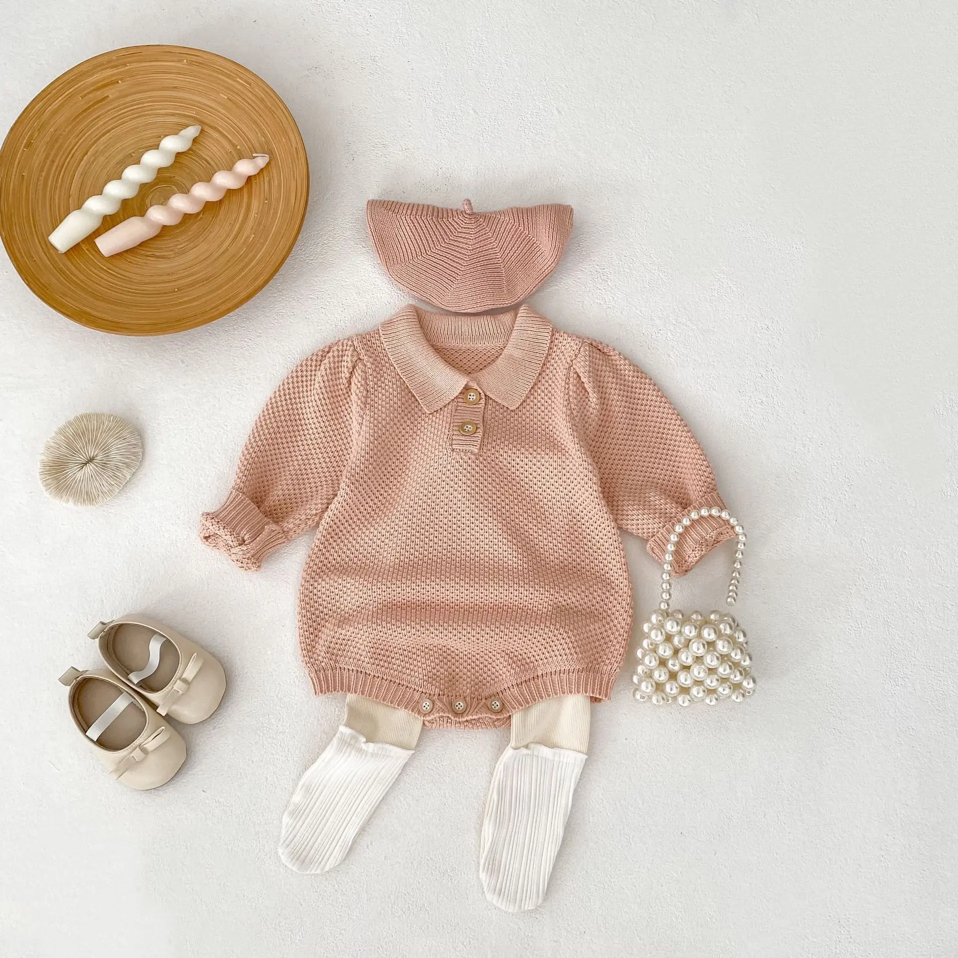 New autumn clothing for infants aged 0-3, small square neck knitted long sleeved soft pink jumpsuit for baby girls and boys