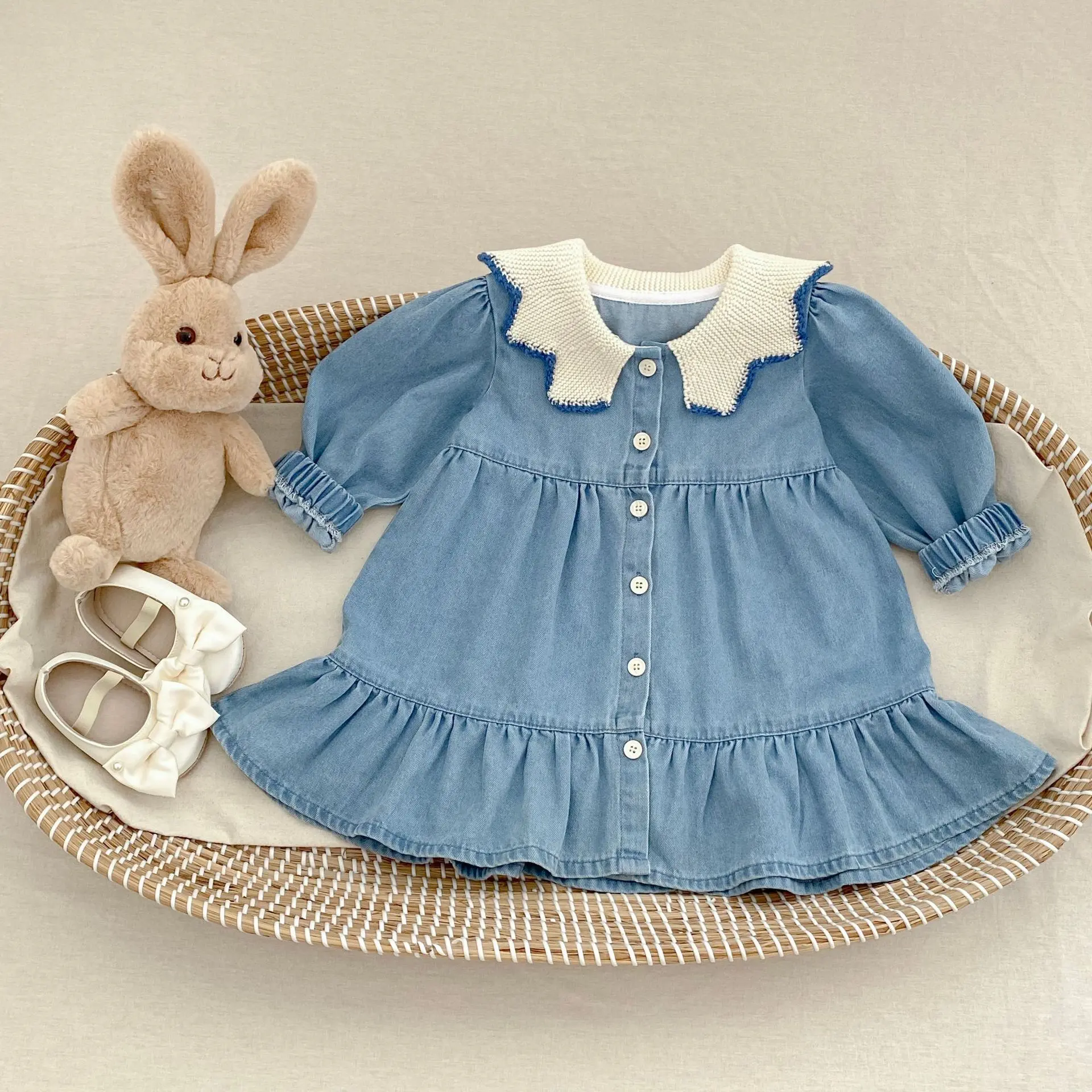 New autumn baby clothing for 0-3 years old, long sleeved dress for baby girls, button open dress