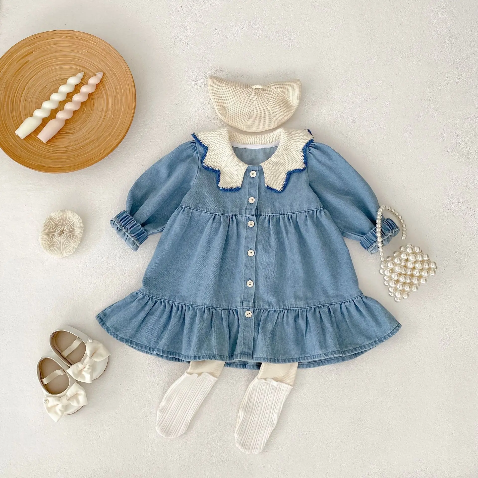 New autumn baby clothing for 0-3 years old, long sleeved dress for baby girls, button open dress