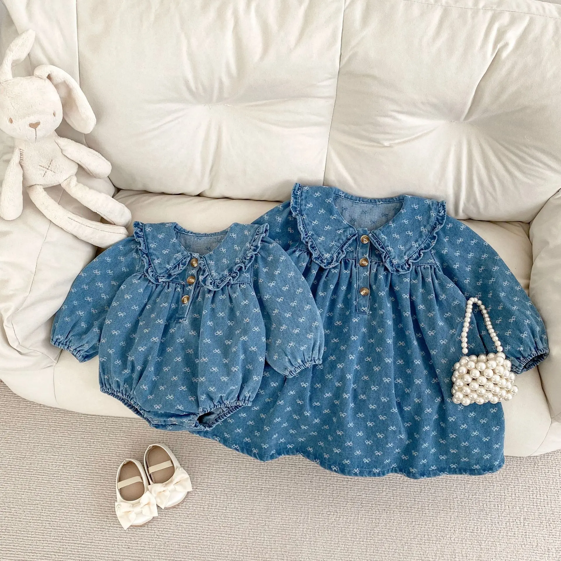 New autumn baby clothing for 0-3 years old, girls' baby jacquard denim long sleeved dress