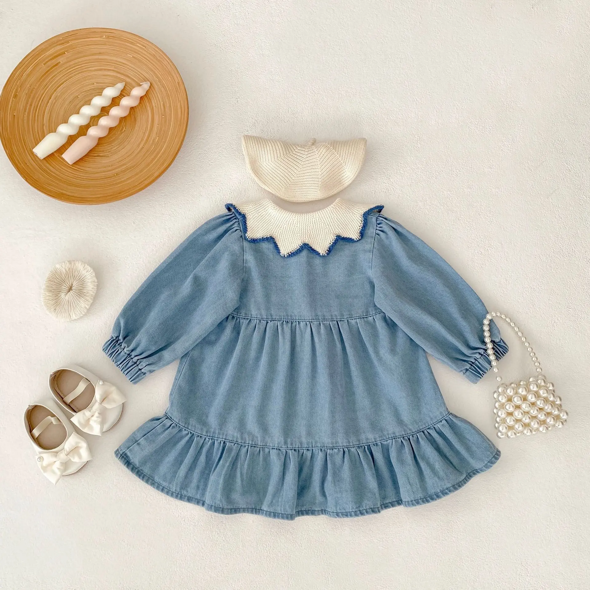 New autumn baby clothing for 0-3 years old, long sleeved dress for baby girls, button open dress