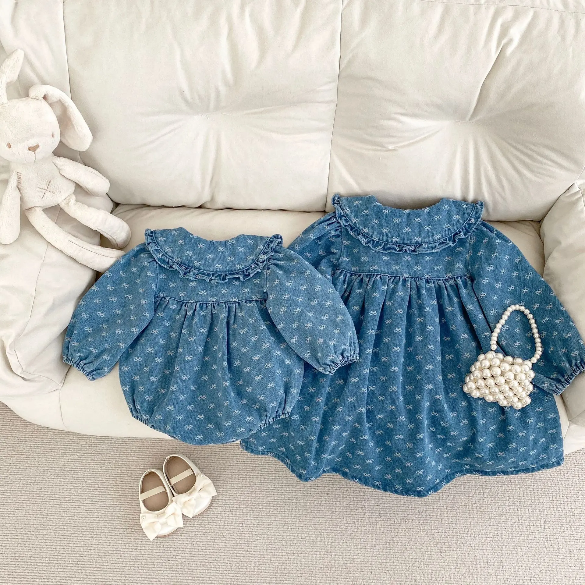New autumn baby clothing for 0-3 years old, girls' baby jacquard denim long sleeved dress