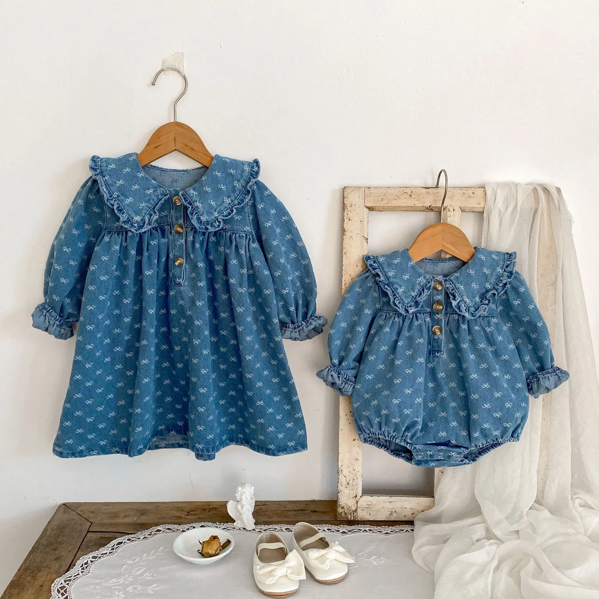 New autumn baby clothing for 0-3 years old, girls' baby jacquard denim long sleeved dress