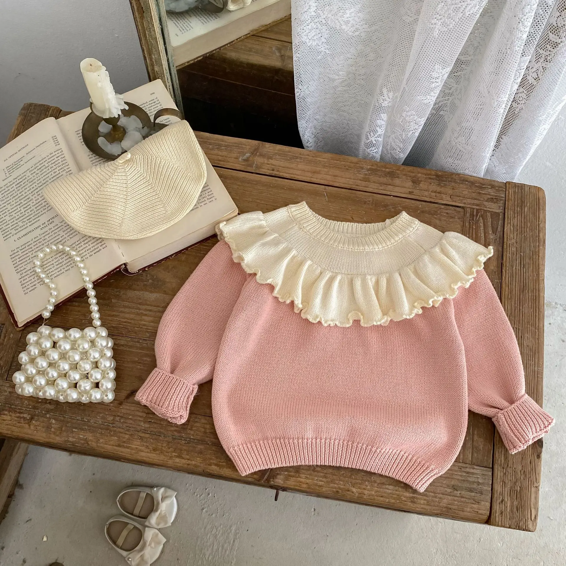 New autumn clothing for babies aged 0-3, exquisite baby girl lotus leaf lace pullover knitted long sleeved sweater