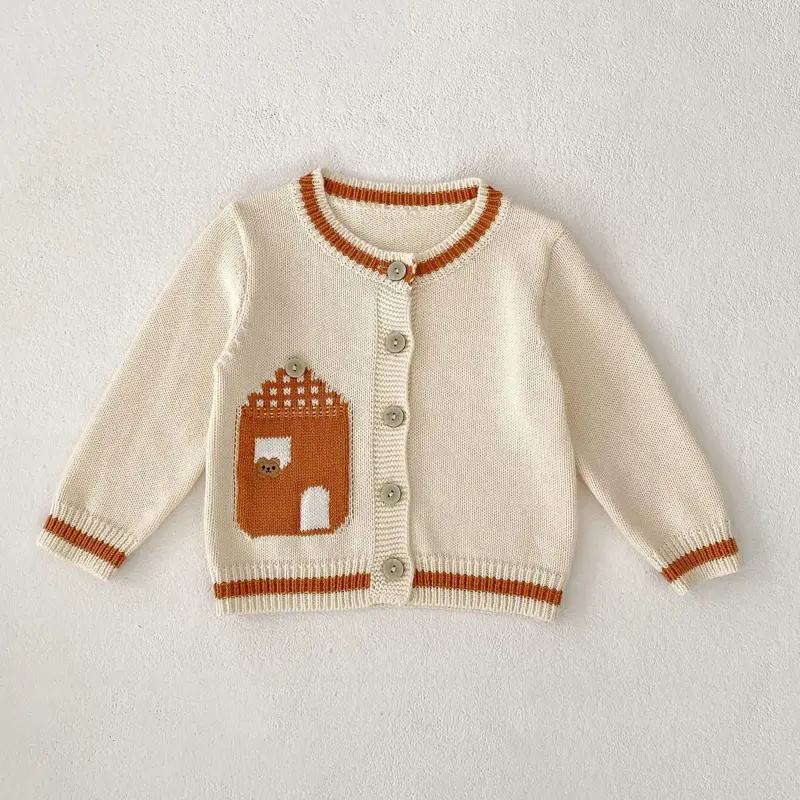 New autumn clothing for infants aged 0-3, fashionable girls' and boys' cardigans, brown embroidered contrasting cardigans
