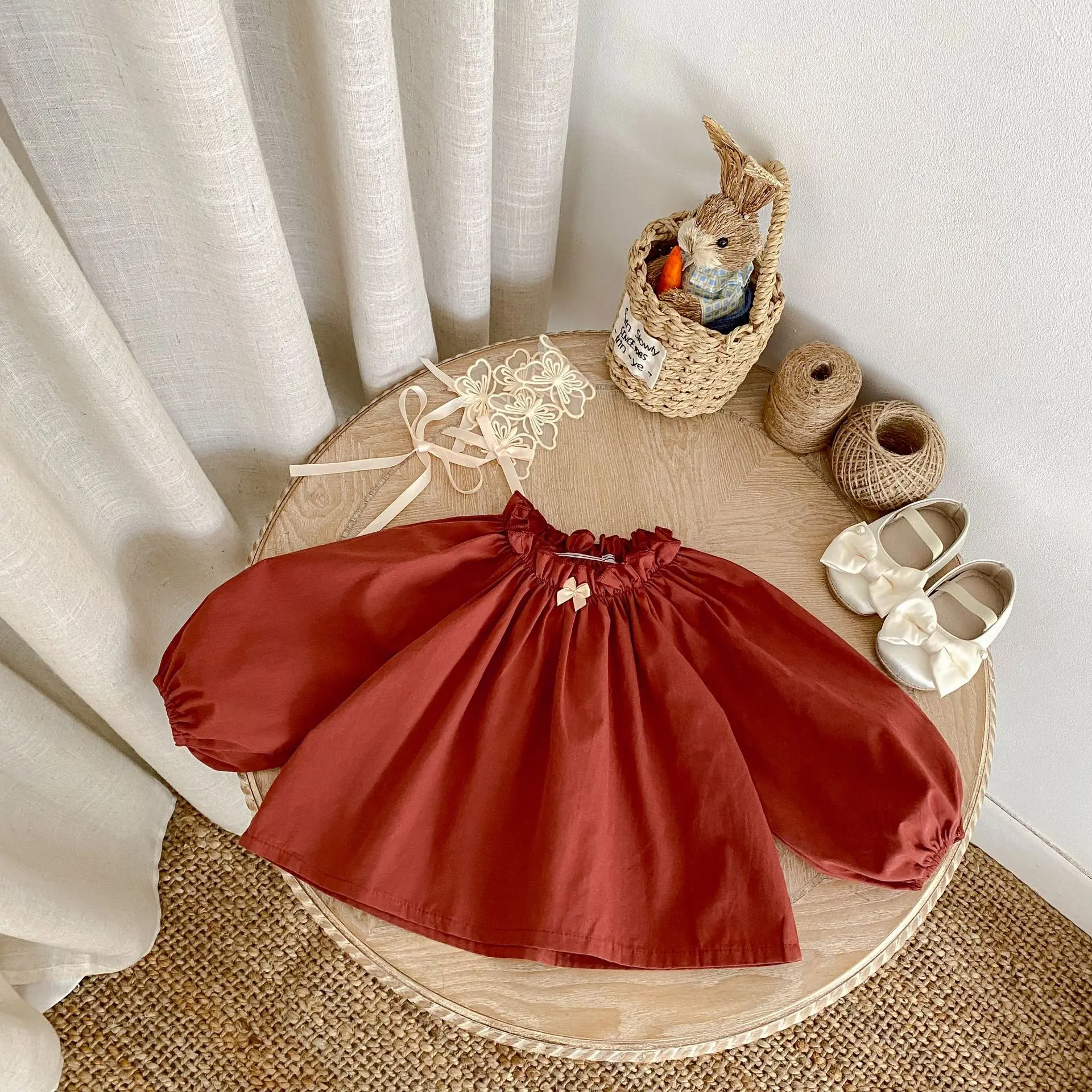 New autumn baby clothing for 0-3 years old, fashionable girl set, red long sleeved top+apricot pants