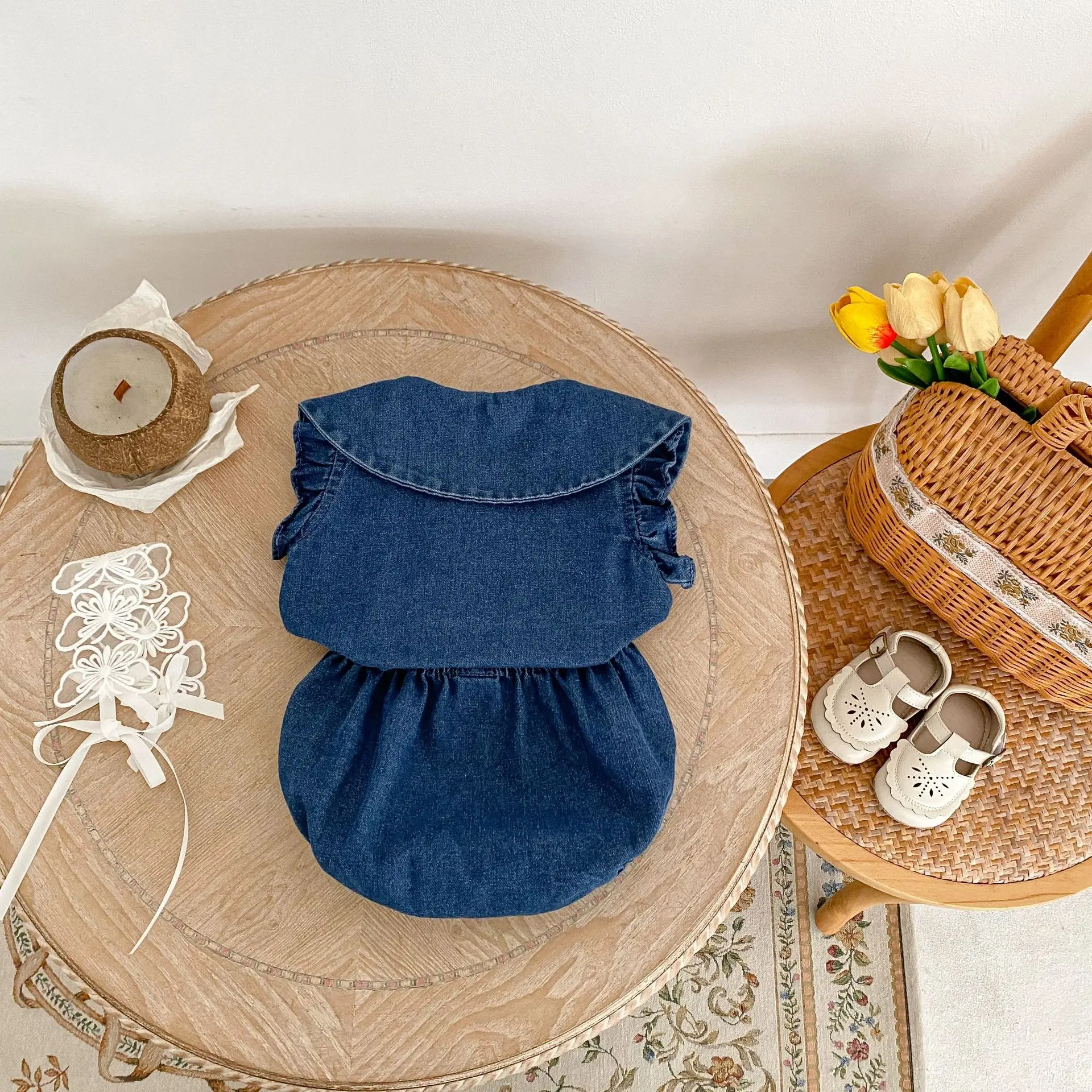 Summer new 0-3 year old baby clothing, fashionable baby girl set, sleeveless denim doll collar top+denim shorts