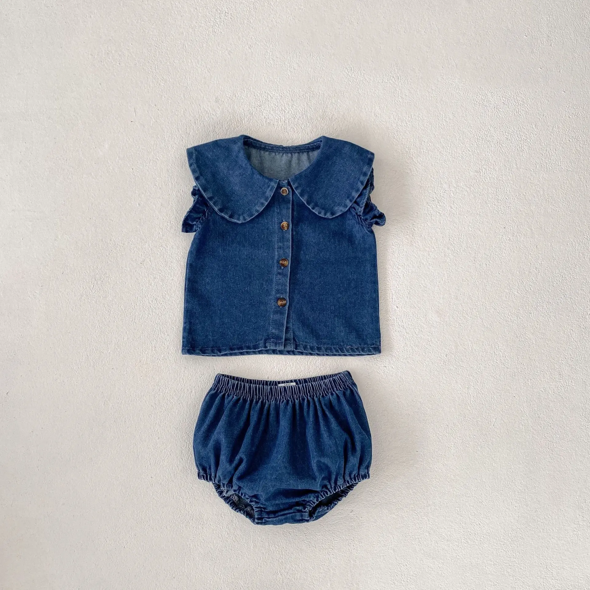 Summer new 0-3 year old baby clothing, fashionable baby girl set, sleeveless denim doll collar top+denim shorts
