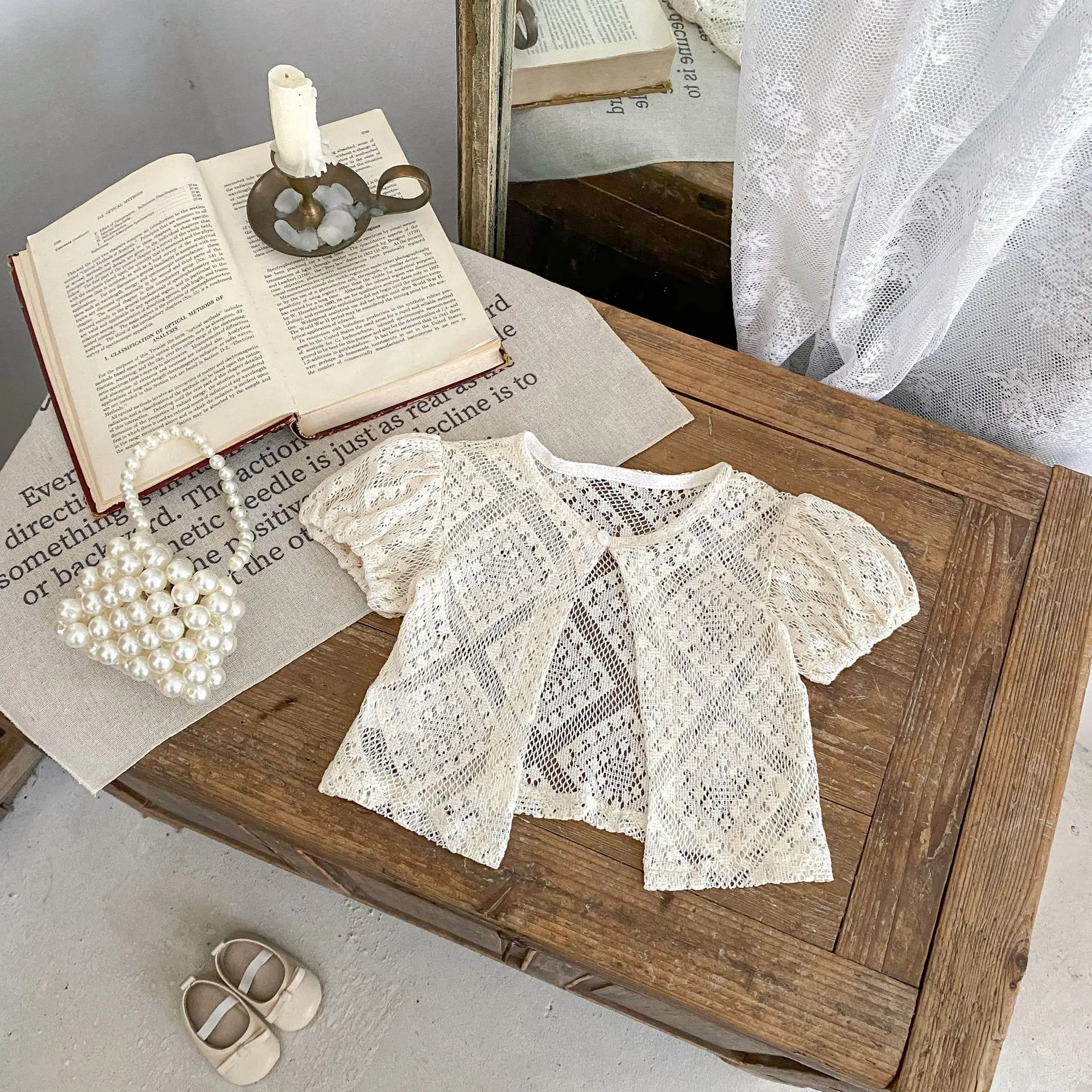 Summer new baby clothes for 0-3 years old, all-matching small cardigan hollow bubble short-sleeved top for girls