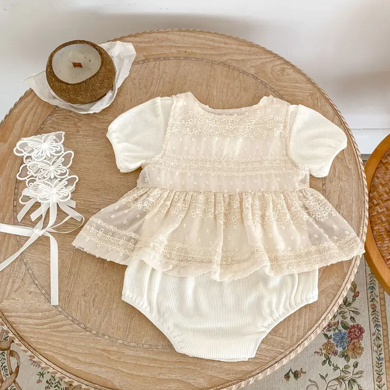 Summer new baby clothing, two piece set of women's Baobao waffle gecko and lace outerwear