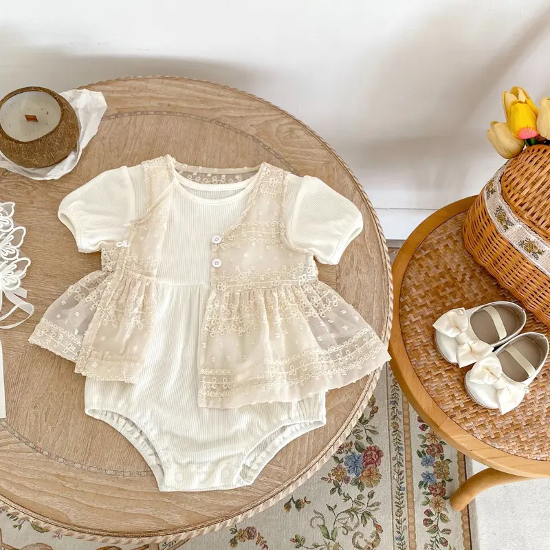 Summer new baby clothing, two piece set of women's Baobao waffle gecko and lace outerwear