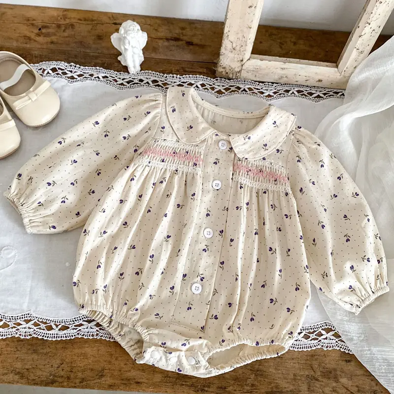 Autumn new baby clothing, 0-2 year old female baby long sleeved khaki with wavelet dot flower print crawling clothes