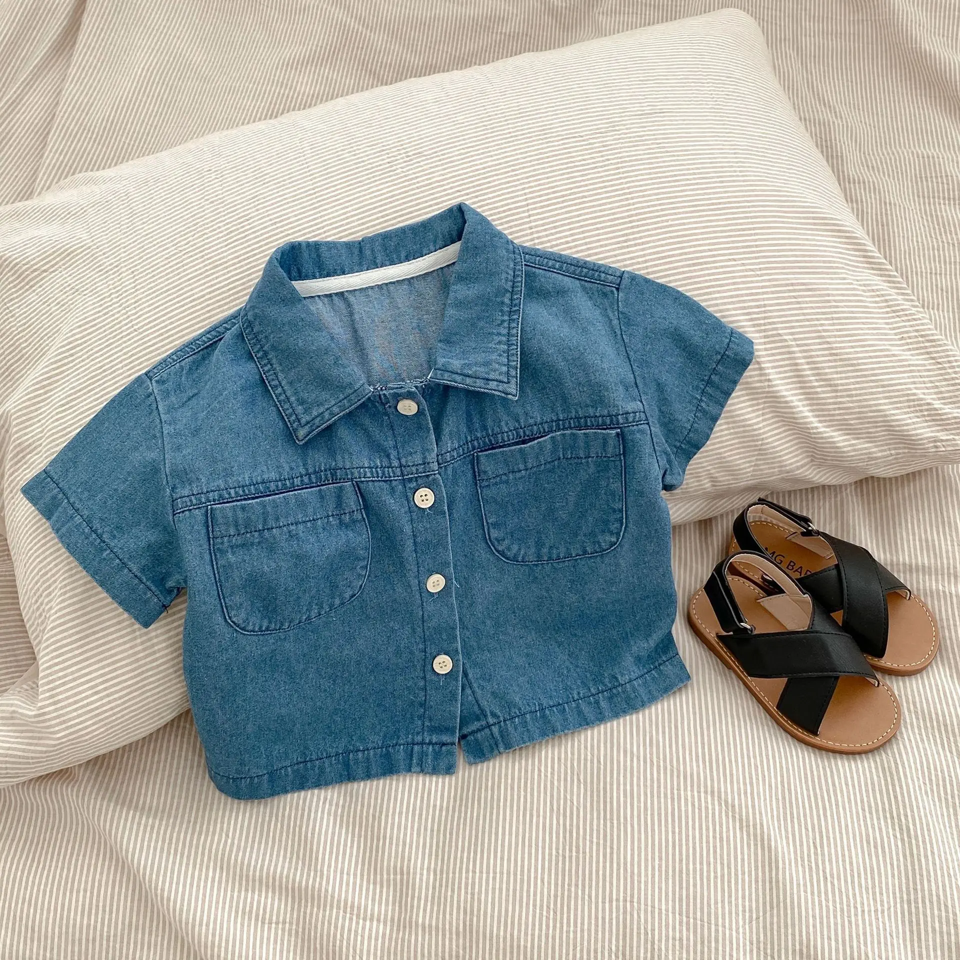 New baby clothes in summer, 0-3 years old baby girl and boy, sleeve pocket top + boxer shorts two-piece set