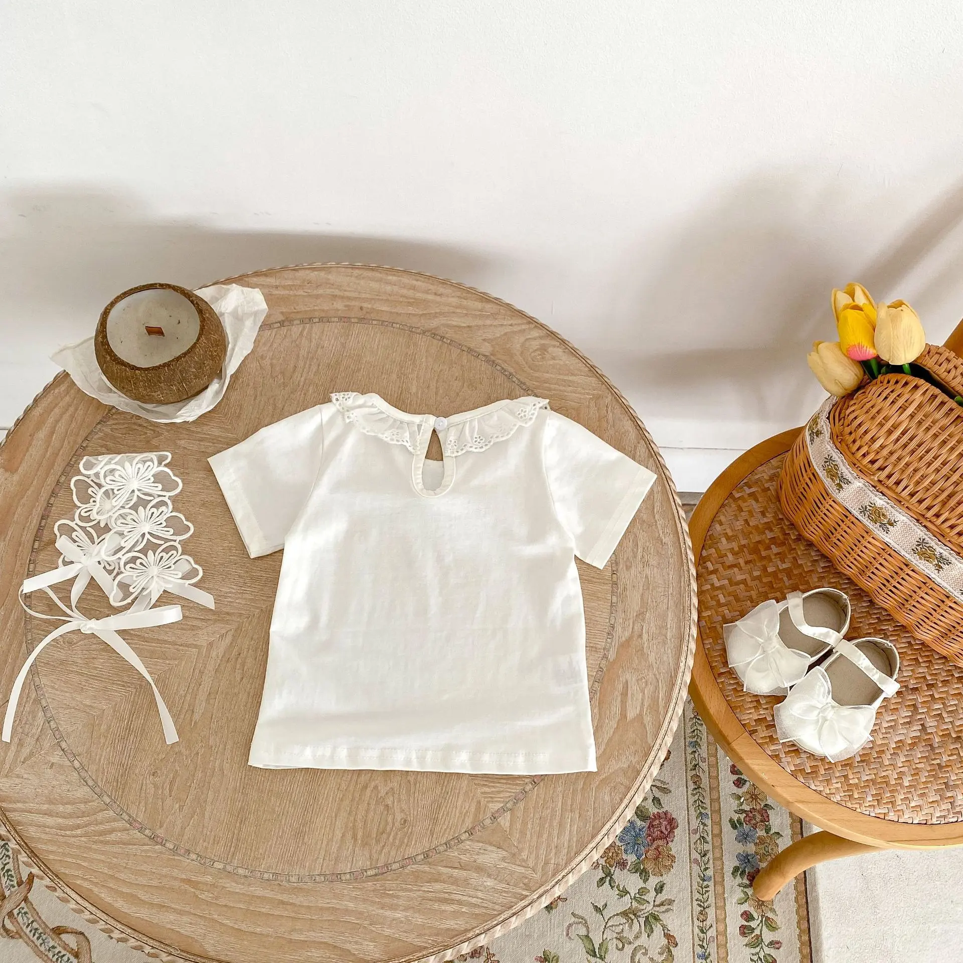 Summer New Baby Clothing 0-3 Year Old Girl T-shirt Lace Lace Collar Knitted Top Versatile Long sleeved T-shirt