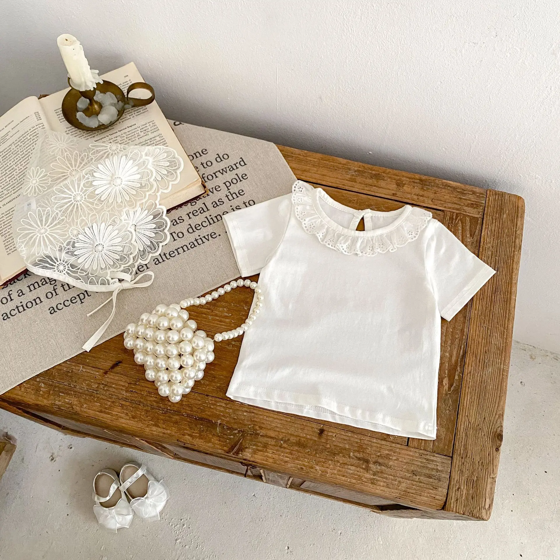 Summer New Baby Clothing 0-3 Year Old Girl T-shirt Lace Lace Collar Knitted Top Versatile Long sleeved T-shirt