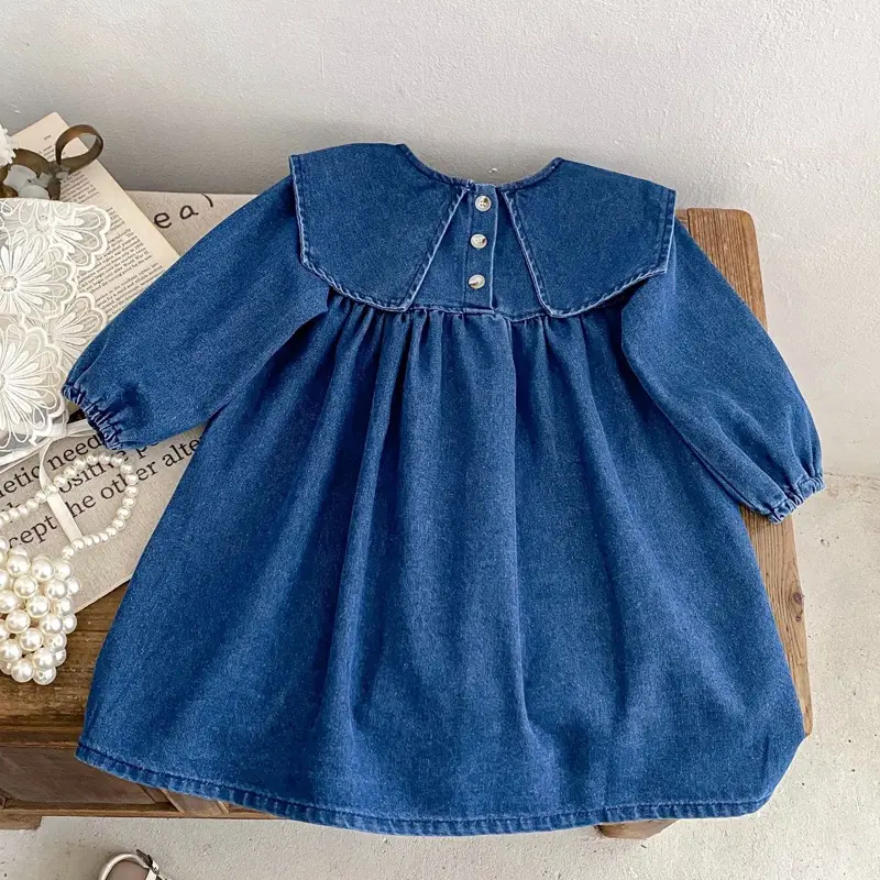 Autumn baby clothes, 0-6 year old girls denim clothes, sisters clothes, cute wear large lapels dress