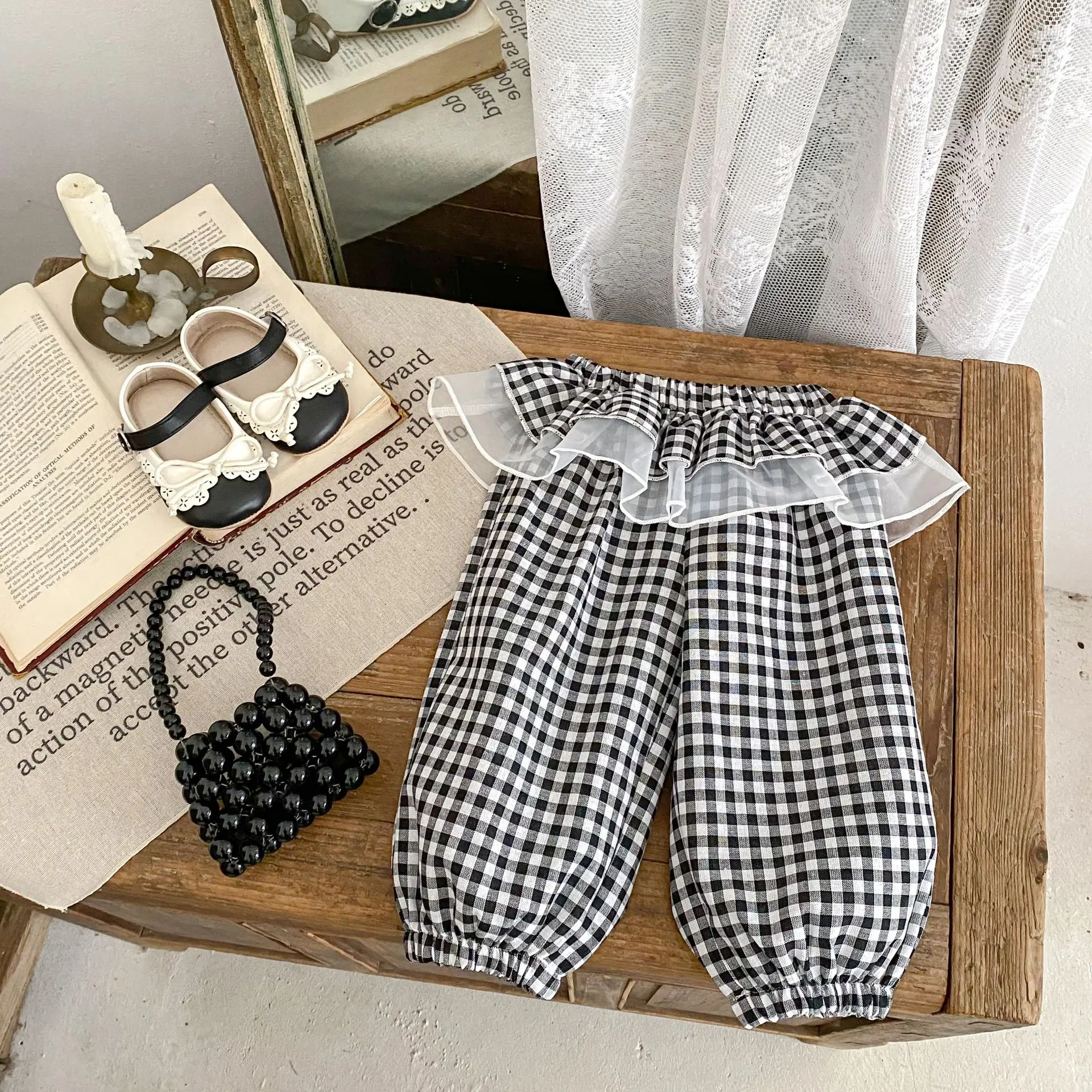 Summer new style baby clothes for 0-3 years old, cute and exquisite baby girl lace plaid pants, anti-mosquito pants