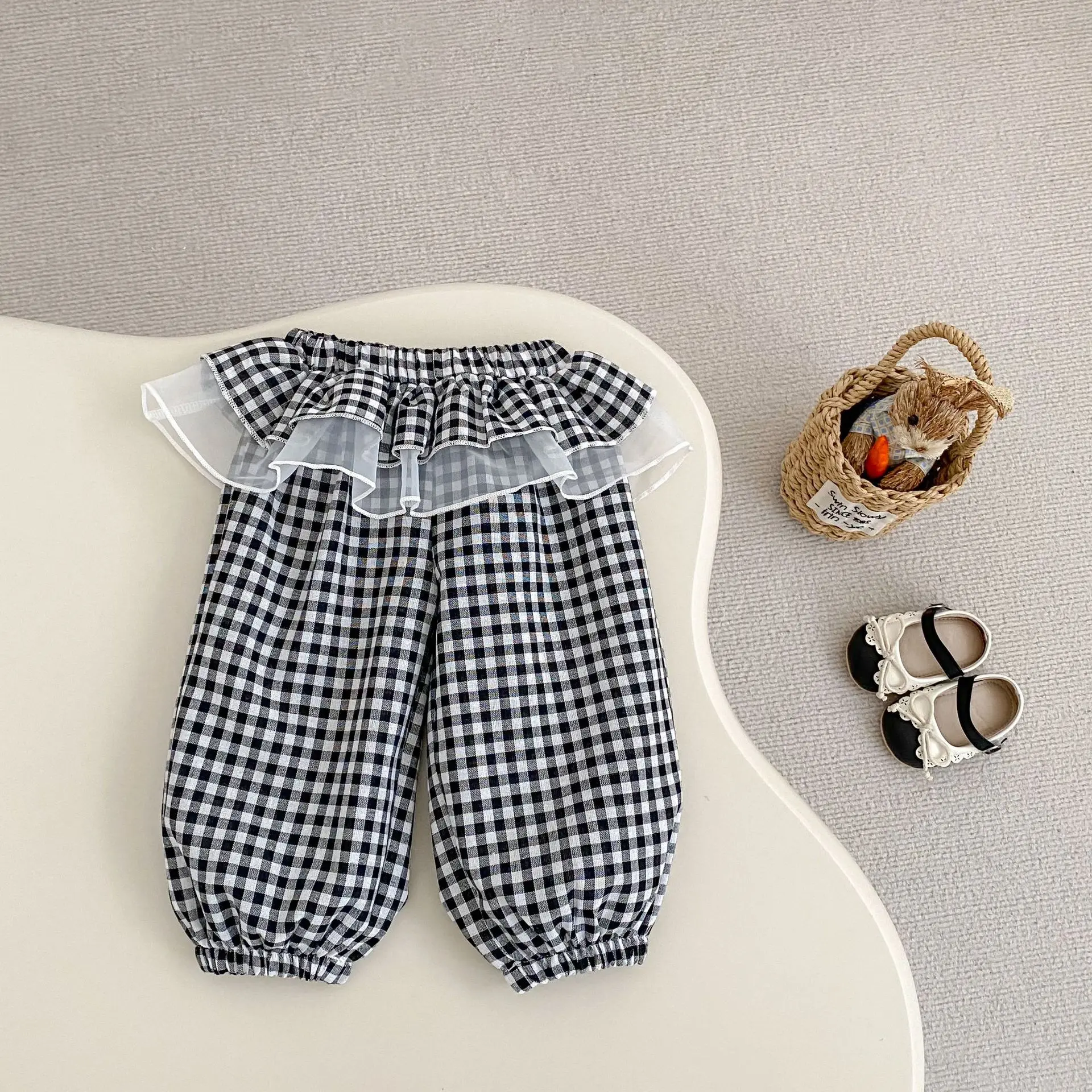 Summer new style baby clothes for 0-3 years old, cute and exquisite baby girl lace plaid pants, anti-mosquito pants