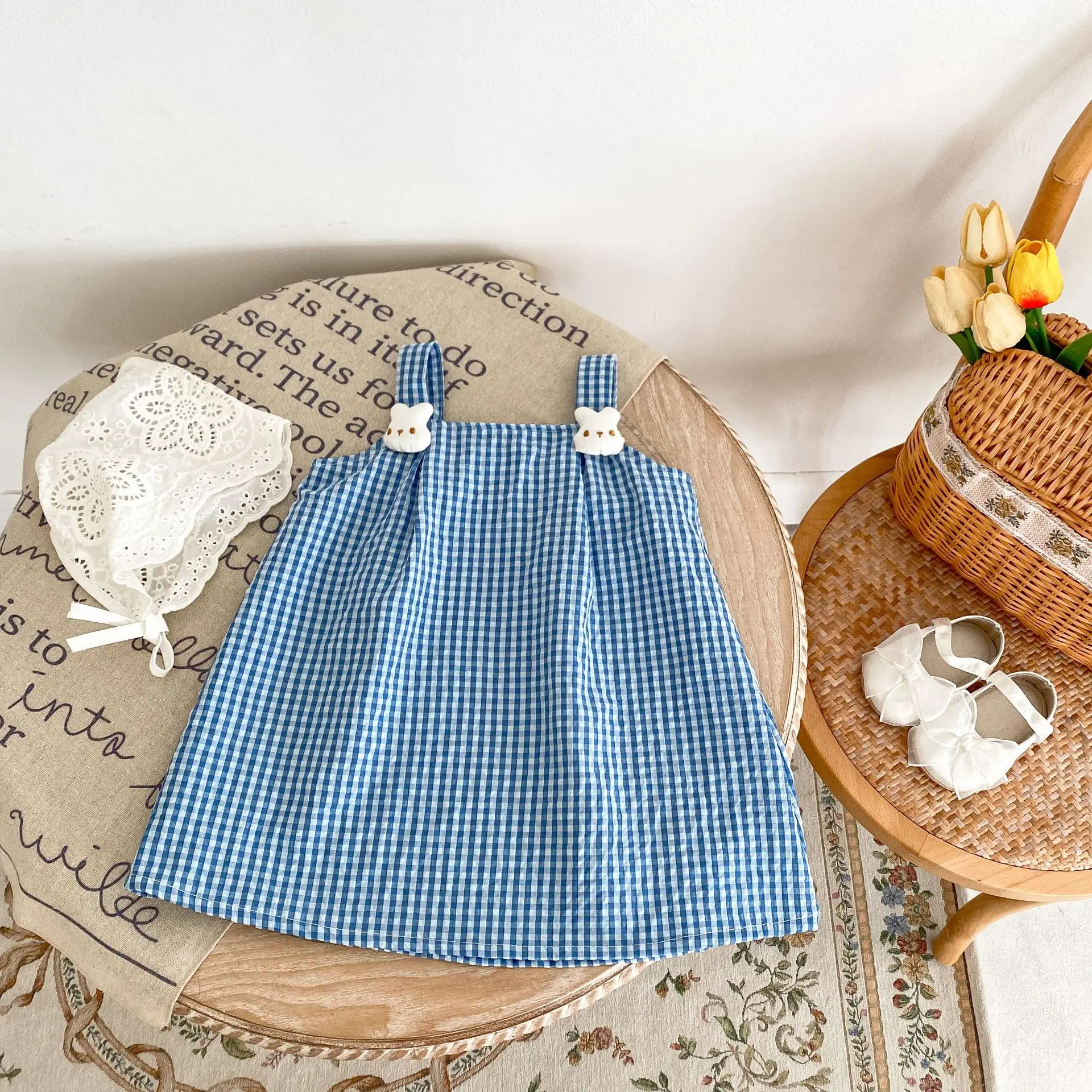 Summer new 0-3 year old baby clothing, cute baby girl dress, exquisite checkered rabbit doll dress